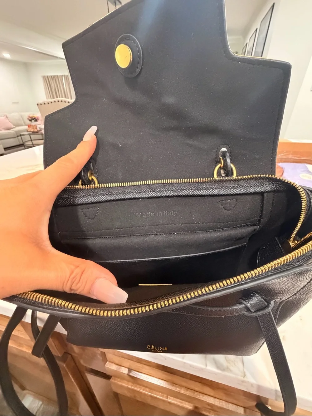 Celine Black Leather Satchel with Gold Logo